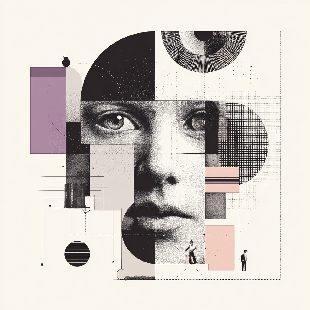 Abstract collage — a halftone face fragmented across geometric panels, an eye motif and small figures