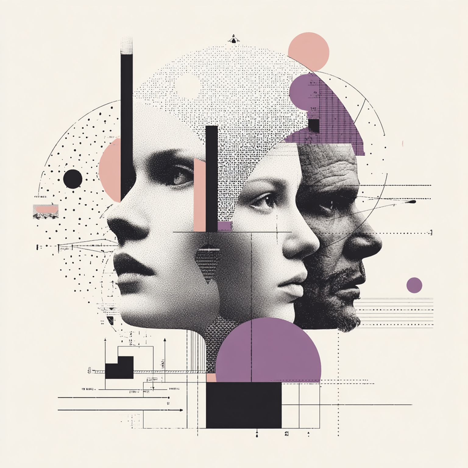 Collage of three layered profile portraits with halftone textures and geometric shapes